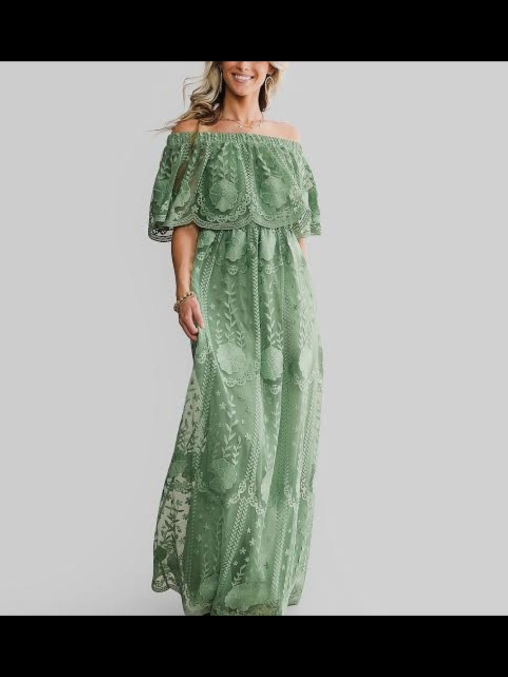 Daytrip Off-the-Shoulder Lace Maxi Dress in Sage Size L